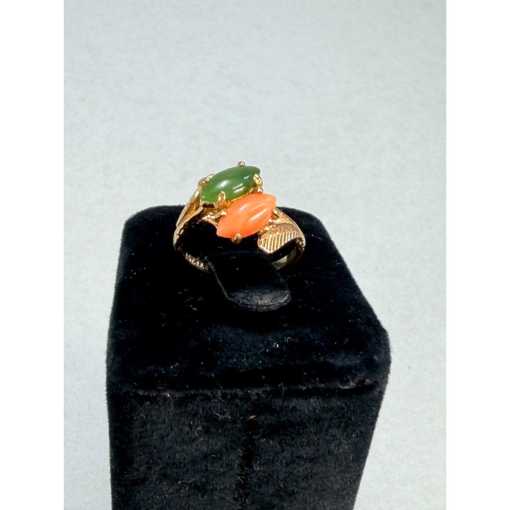 Vintage ESPO 14K GE Jade Coral Ring Gold Electroplate Designer Statement Sz 6